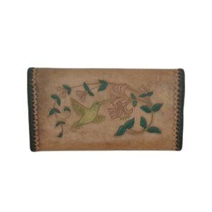 Vintage Wallet Hand Tooled Leather Wallet Hummingbird Floral Scene Whipstitched‎